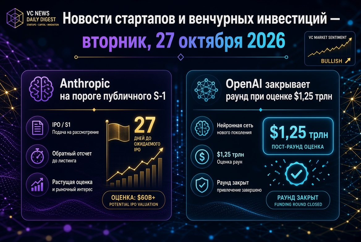 Notícias de startups e investimentos de risco — terça-feira, 27 de outubro de 2026: Anthropic à beira do público S-1, OpenAI fecha rodada com avaliação de $1,25 trilhões