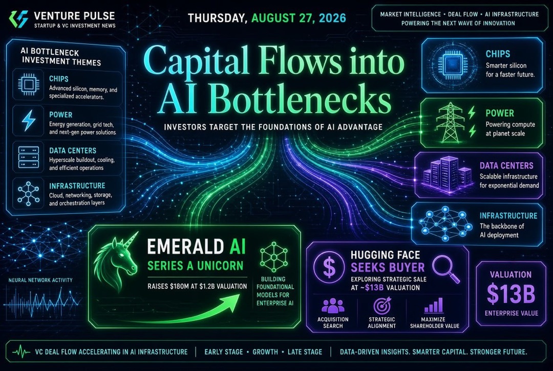 Notícias de startups e investimentos de risco — quinta-feira, 27 de agosto de 2026: o capital se volta para "pontos críticos" da IA, a Emerald AI se tornou um unicórnio na Série A, e a Hugging Face busca comprador por US$ 13 bilhões.