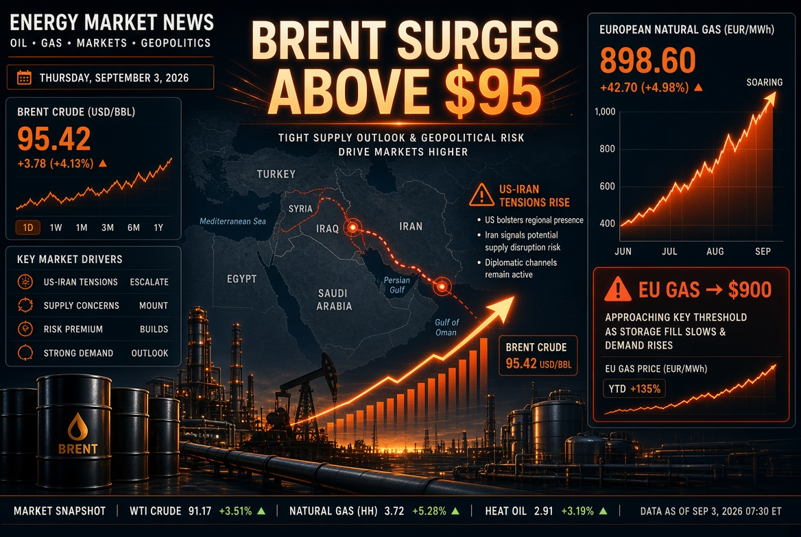 Notícias de petróleo e gás — quinta-feira, 3 de setembro de 2026: a escalada dos EUA e Irã faz o Brent subir para mais de US$ 95, gás na Europa sobe para US$ 900.