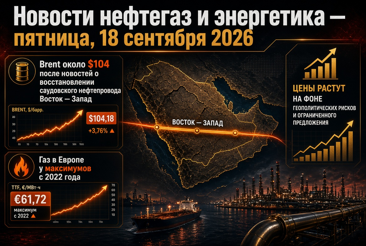 Notícias de petróleo e gás e energia — sexta-feira, 18 de setembro de 2026: Brent cerca de $104 após notícias sobre restauração do oleoduto saudita Leste-Oeste, gás na Europa em máximas desde 2022.