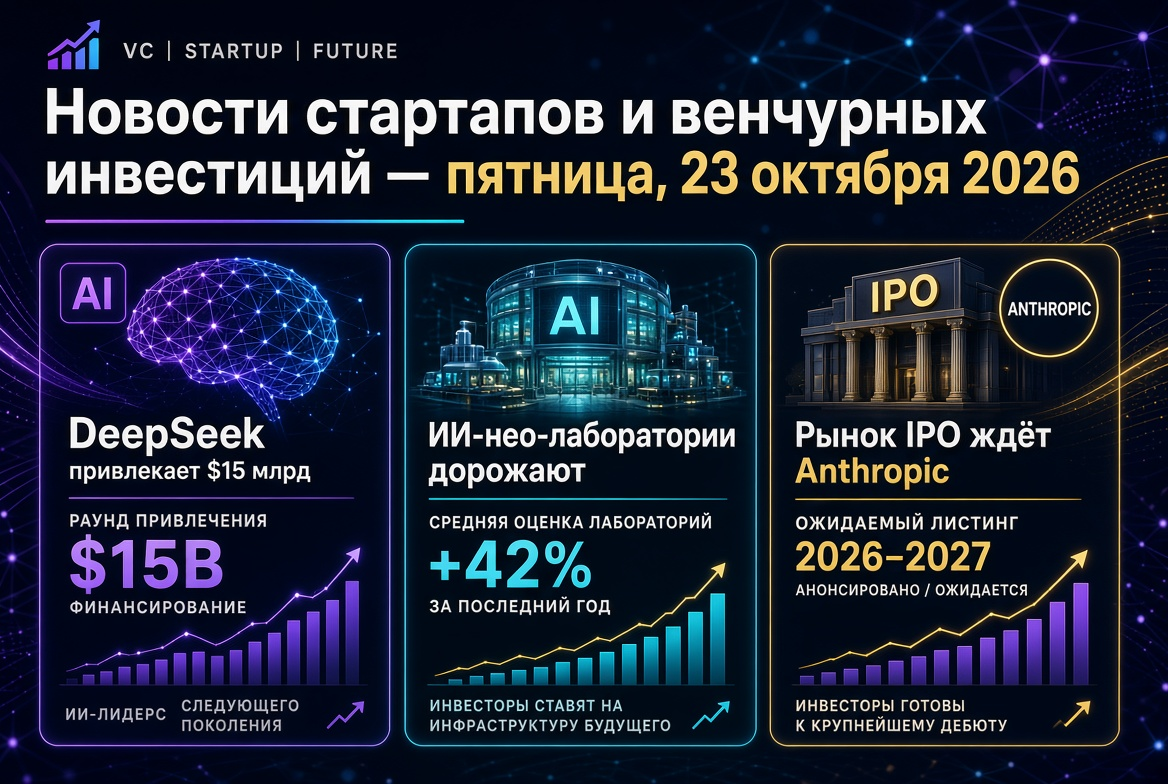 Notícias de startups e investimentos de risco — sexta-feira, 23 de outubro de 2026: a DeepSeek arrecada $15 bilhões, as neolaborações de IA valorizam, e o mercado de IPO aguarda a Anthropic.