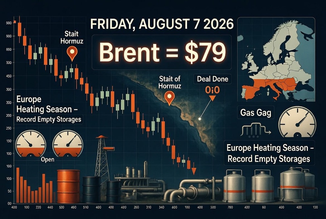 Notícias de petróleo e gás e energia — sexta-feira, 07 de agosto de 2026: negociação do Estreito de Ormuz derrubou petróleo, Brent a $79, Europa entra na temporada de aquecimento com armazéns recordemente vazios.