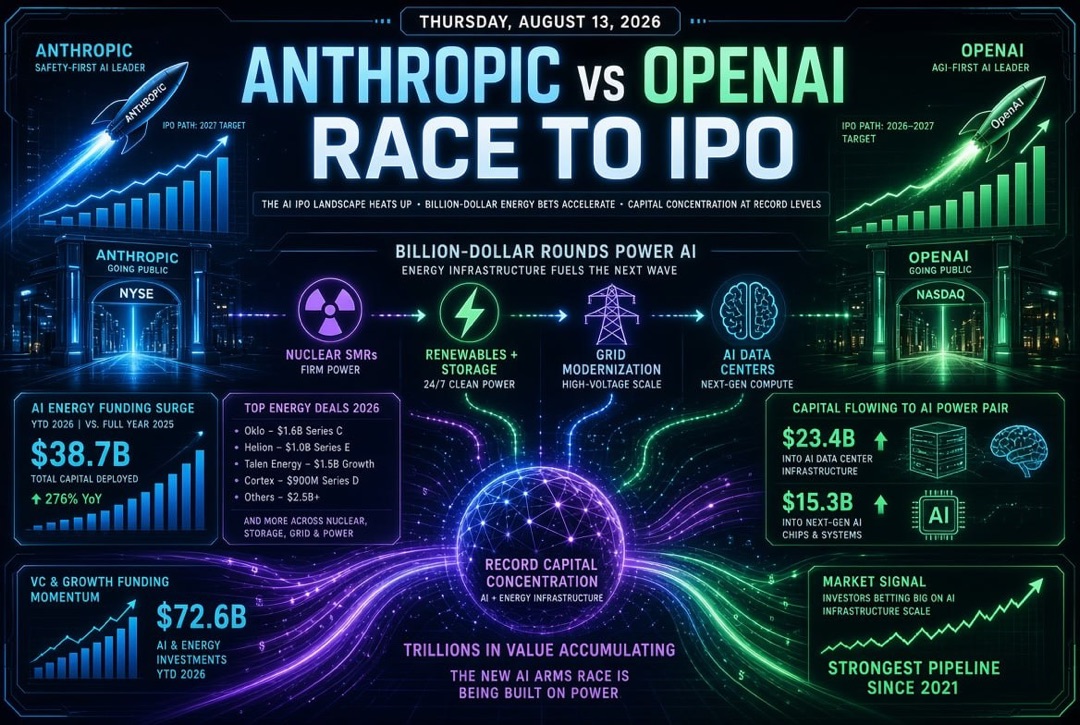Notícias sobre startups e investimentos de risco — quinta-feira, 13 de agosto de 2026: corrida da Anthropic e OpenAI para a bolsa, rodadas bilionárias em energia para IA e concentração recorde de capital.