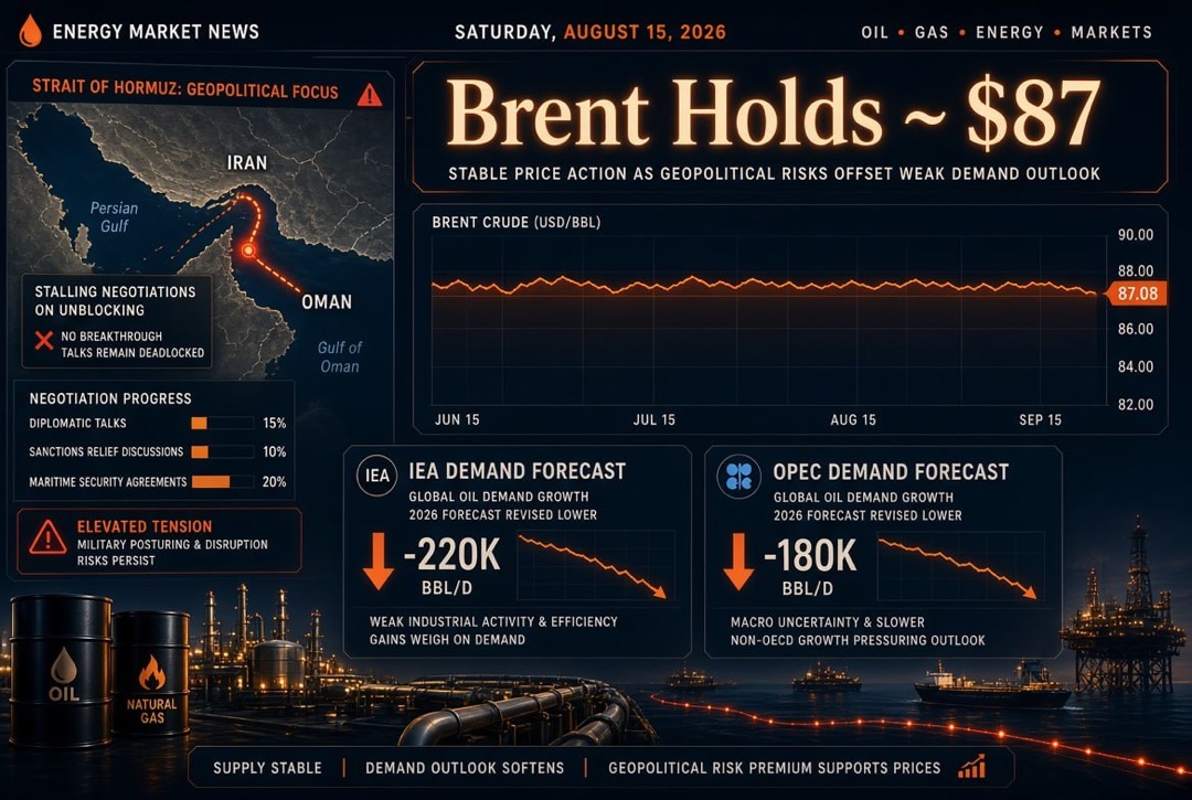 Notícias de petróleo e gás e energia — sábado, 15 de agosto de 2026: Brent se mantém a US$ 87 em meio a negociações estagnadas sobre o desbloqueio do Estreito de Ormuz; AIE e OPEP reduzem previsões de demanda