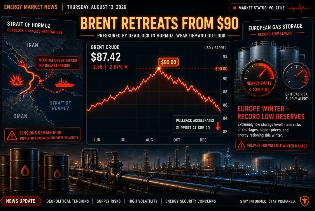 Notícias de petróleo e gás - quinta-feira, 13 agosto 2026: Brent recua de $90 em meio ao impasse no Estreito de Ormuz; Europa entra no inverno com estoques de gás recordemente baixos.