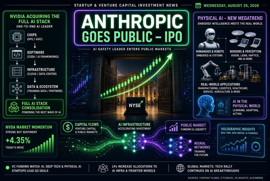 Notícias de startups e investimentos de risco — quarta-feira, 26 de agosto de 2026: Anthropic sai para IPO, Nvidia compra todo o stack de AI, enquanto a IA física se torna uma nova megatendência