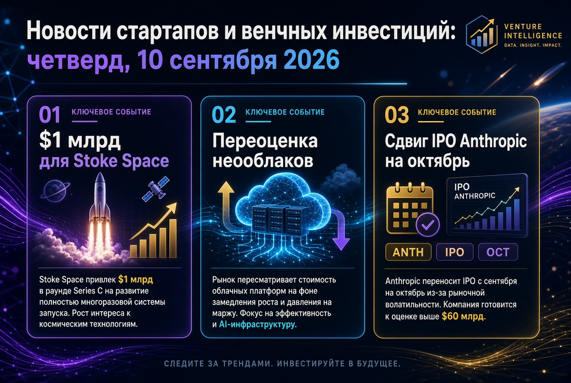 Notícias de Startups e Investimentos de Risco: quinta-feira, 10 de setembro de 2026 — $1 bilhão para Stoke Space, revisão das neo-nuvens e deslocamento do IPO da Anthropic para outubro