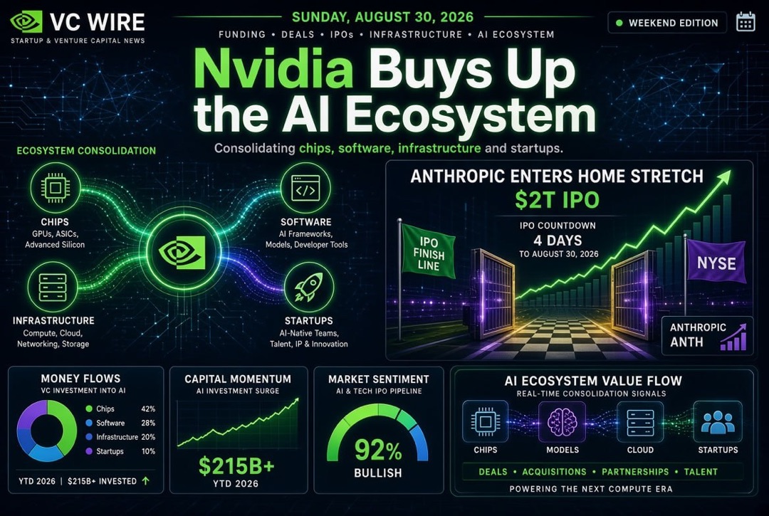 Notícias sobre startups e investimentos de risco - domingo, 30 de agosto de 2026: Nvidia adquire ecossistema de IA, Anthropic na reta final antes do IPO de $2 trilhões