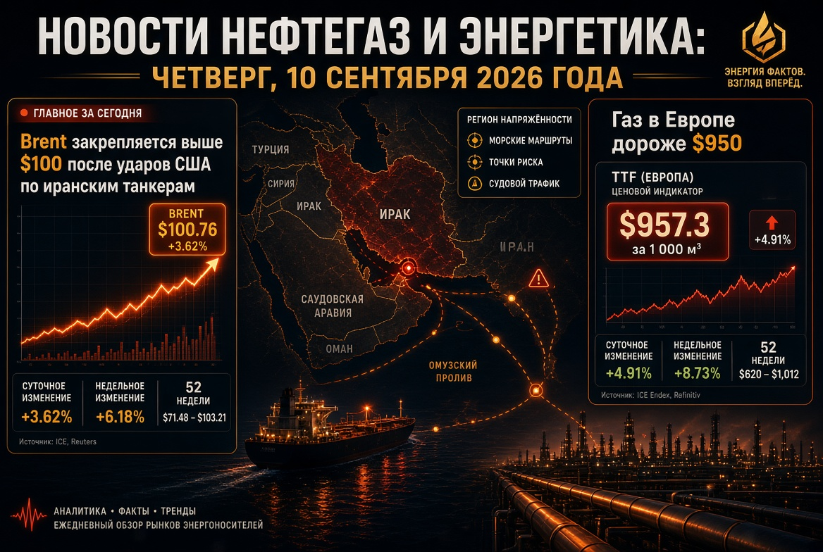 Notícias petróleo e gás: quinta-feira, 10 de setembro de 2026 - Brent se estabiliza acima de $100 após ataques dos EUA a petroleiros iranianos, gás na Europa mais caro que $950